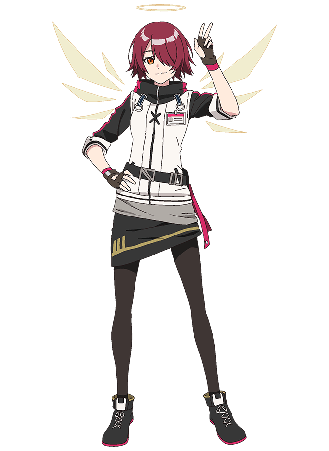 takafuji aya, exusiai (arknights), arknights, official art, 1girl, anime coloring, belt, black pantyhose, black shoes, bob cut, breasts, brown eyes, brown gloves, closed mouth, collared jacket, detached wings, fingerless gloves, full body, gloves, grey belt, grey skirt, hair over one eye, halo, hand on own hip, hand up, jacket, looking at viewer, multicolored jacket, pantyhose, pencil skirt, red hair, shoes, short hair, simple background, skirt, smile, solo, standing, three-quarter sleeves, traditional halo, transparent background, two-tone jacket, v, white jacket, wings