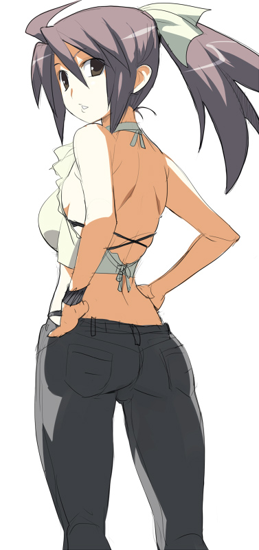 nora higuma, original, 1girl, ahoge, ass, bra strap, breasts, female focus, hair between eyes, halterneck, hands on own hips, high ponytail, looking back, midriff, ponytail, simple background, solo, white background