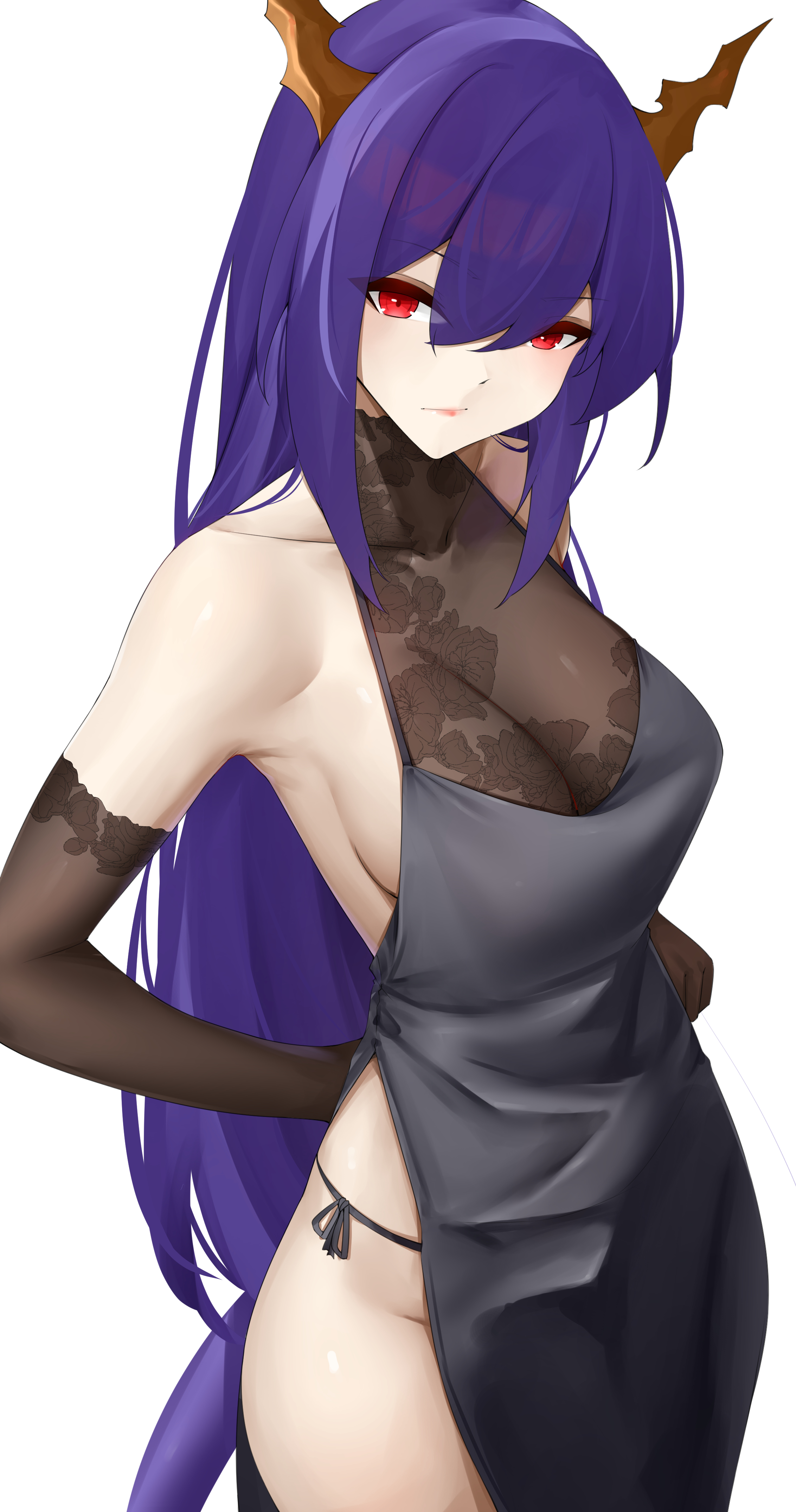 casperrin, ch'en (arknights), arknights, absurdres, commentary, english commentary, highres, 1girl, alternate costume, bare shoulders, black dress, breasts, closed mouth, cowboy shot, dragon girl, dragon horns, dragon tail, dress, expressionless, hair between eyes, horns, long hair, looking at viewer, panties, purple hair, red eyes, side-tie panties, sideboob, sidelocks, solo, tail, thighs, underwear