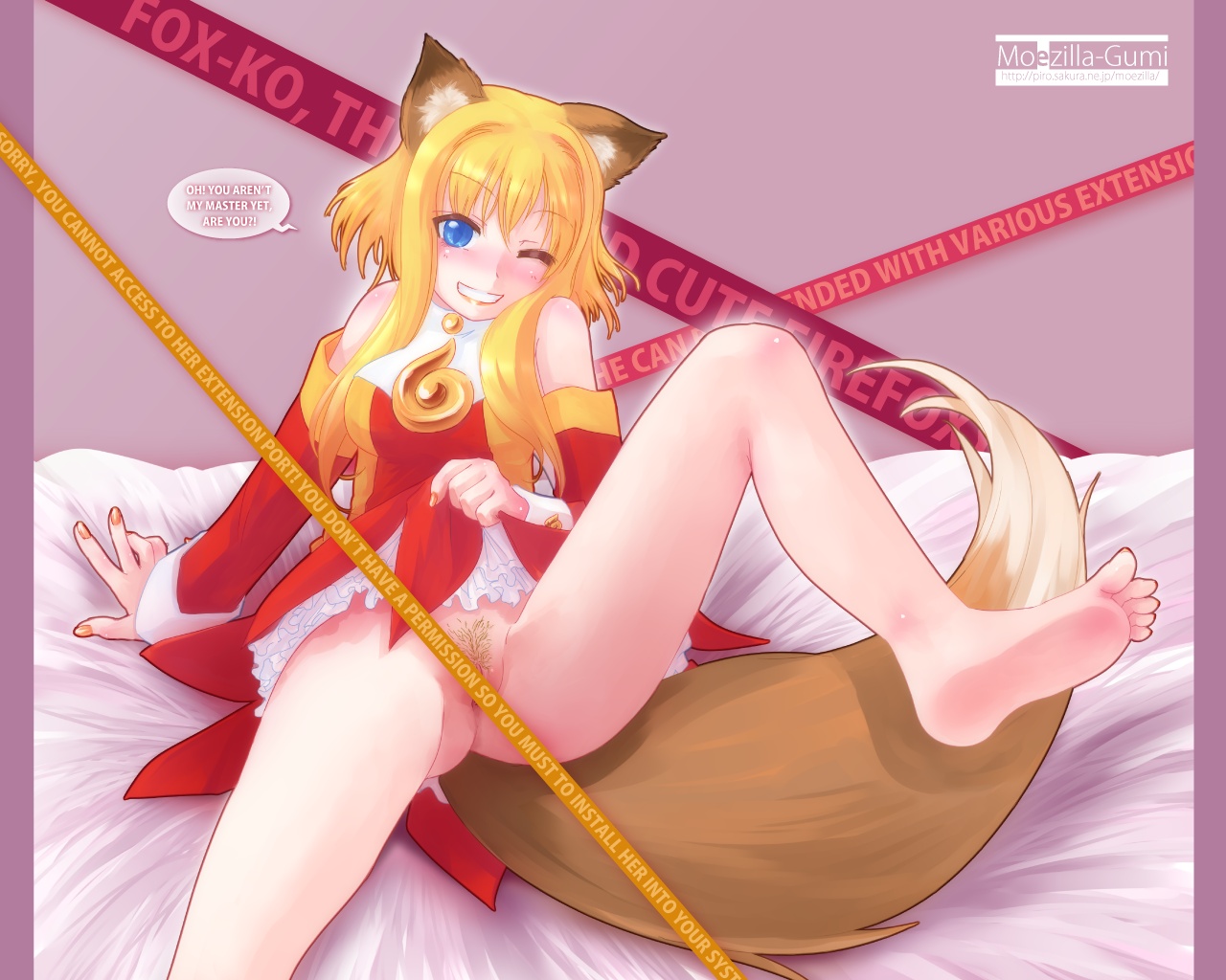 piro (artist), piro (piro r), mozilla firefox, os-tan, 1girl, animal ears, barefoot, bed, bottomless, censored, clothes lift, feet, female focus, female pubic hair, fox ears, personification, pubic hair, skirt, skirt lift, soles, solo, spread legs, tail, toes