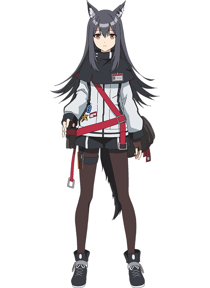 takafuji aya, texas (arknights), arknights, official art, 1girl, animal ear fluff, animal ears, anime coloring, belt, belt pouch, black cape, black shoes, blue eyes, breasts, brown eyes, brown gloves, cape, closed mouth, fingerless gloves, flipped hair, full body, gloves, grey hair, hair between eyes, jacket, long hair, long sleeves, looking at viewer, pantyhose, pouch, red belt, shoes, short shorts, shorts, sidelocks, simple background, small breasts, solo, standing, tail, thigh belt, thigh strap, transparent background, white jacket, wolf ears, wolf girl, wolf tail