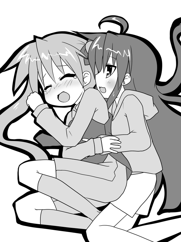 hujikok, hiiragi kagami, izumi konata, kobayakawa yutaka, lucky star, 00s, 2girls, greyscale, monochrome, multiple girls, tears, yuri