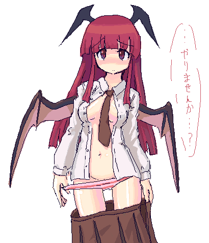 homura subaru, koakuma, embodiment of scarlet devil, touhou, lowres, 1girl, bat wings, blush, brown necktie, clothes pull, female focus, head wings, long hair, necktie, oekaki, open clothes, open shirt, panties, panty pull, red eyes, red hair, shirt, skirt, skirt pull, solo, standing, striped clothes, striped panties, underwear, undressing, wings