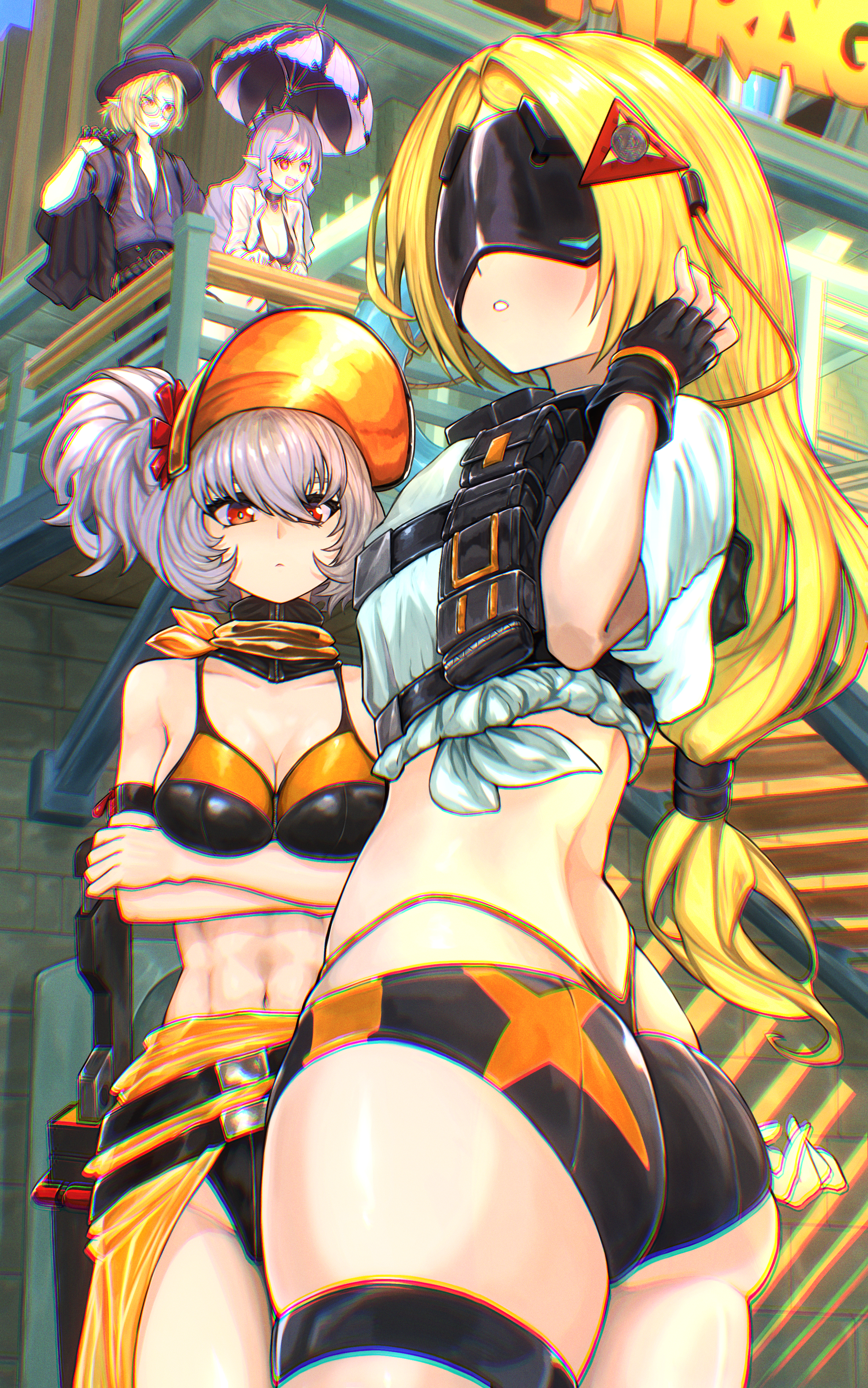 2days wotori, hugo vlad, soldier 11 (zenless zone zero), trigger (zenless zone zero), vivian banshee, zenless zone zero, absurdres, highres, 1boy, 2girls, abs, arms under breasts, ass, back, bikini, bikini bottom only, bikini under clothes, blonde hair, breasts, choker, chromatic aberration, closed mouth, covered eyes, crossed arms, day, expressionless, eye mask, fedora, fingerless gloves, gloves, grey hair, groin, hair between eyes, hair ornament, half gloves, hat, heart, heart-shaped pupils, holding, holding sword, holding unworn clothes, holding weapon, jacket, large breasts, leaning forward, light blush, long hair, long sleeves, looking at viewer, looking back, low-tied long hair, multiple girls, navel, necktie, open clothes, open mouth, open shirt, outdoors, pants, parasol, parted lips, pointy ears, purple hair, raised inner eyebrows, red eyes, scabbard, sheath, sheathed, shirt, short hair, short sleeves, side ponytail, skindentation, smile, stomach, swimsuit, sword, symbol-shaped pupils, tied shirt, toned, toned female, twisted torso, umbrella, underbutt, undone necktie, unworn jacket, utility vest, very long hair, vest, weapon