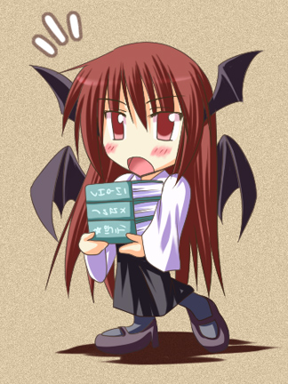 koakuma, embodiment of scarlet devil, touhou, lowres, 1girl, book, chibi, female focus, head wings, solo, wings