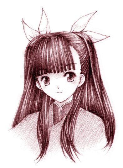 anya cocolova, mahou sensei negima!, artist request, 00s, 1girl, bow, female focus, hair bow, long hair, monochrome, pink theme, ribbon, simple background, sketch, solo
