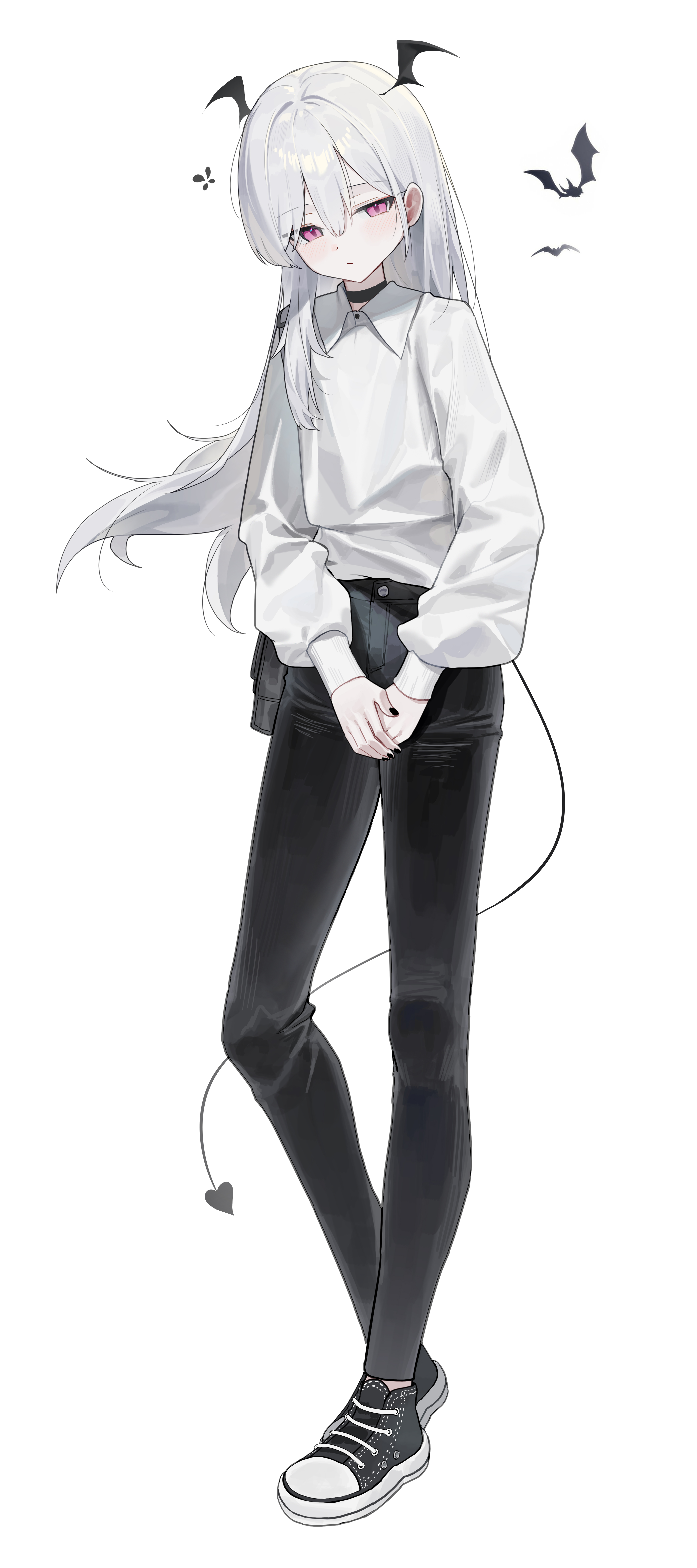 huu (dighapdlxm12), original, absurdres, highres, 1girl, bat (animal), black pants, black tail, black wings, demon girl, demon tail, demon wings, full body, head wings, long hair, pants, shirt, shoes, simple background, solo, tail, white background, wings
