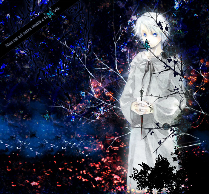 kyouka hatori, kyoukahatori, original, 1girl, blue eyes, bug, butterfly, dress, female focus, gown, grey hair, insect, latin text, solo