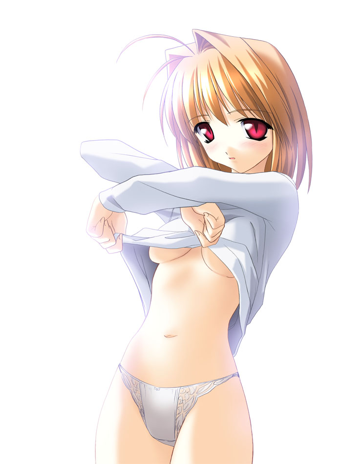 norizou type-r, arcueid brunestud, tsukihime, 00s, 1girl, blonde hair, breasts, lingerie, medium breasts, panties, red eyes, shirt lift, solo, standing, underboob, underwear, undressing