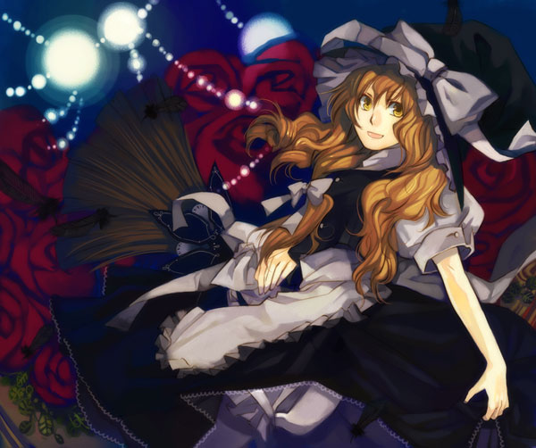 kyouka hatori, kyoukahatori, kirisame marisa, touhou, 1girl, apron, blonde hair, bow, brown hair, dress, feathers, female focus, flower, hat, hat bow, long hair, open mouth, rose, solo, witch, witch hat, yellow eyes