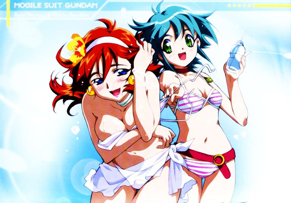 nishida asako, allenby beardsley, rain mikamura, g gundam, gundam, breast hold, untied, jpeg artifacts, 1990s (style), 2girls, :d, adjusting hair, antenna hair, assisted exposure, belt, bikini, blue eyes, blue hair, blush, bottle, breasts, brown hair, character name, choker, cleavage, copyright name, drink, drinking straw, earrings, flower, green eyes, hair between eyes, hair flower, hair ornament, hairband, hibiscus, holding, jewelry, large breasts, leaning forward, lens flare, lipstick, looking at viewer, makeup, multiple girls, navel, neck ring, open mouth, outstretched arm, pendant, red hair, retro artstyle, sarong, see-through clothes, see-through sarong, short hair, side-tie bikini bottom, small breasts, smile, striped bikini, striped clothes, swimsuit, thigh gap, undressing, white bikini