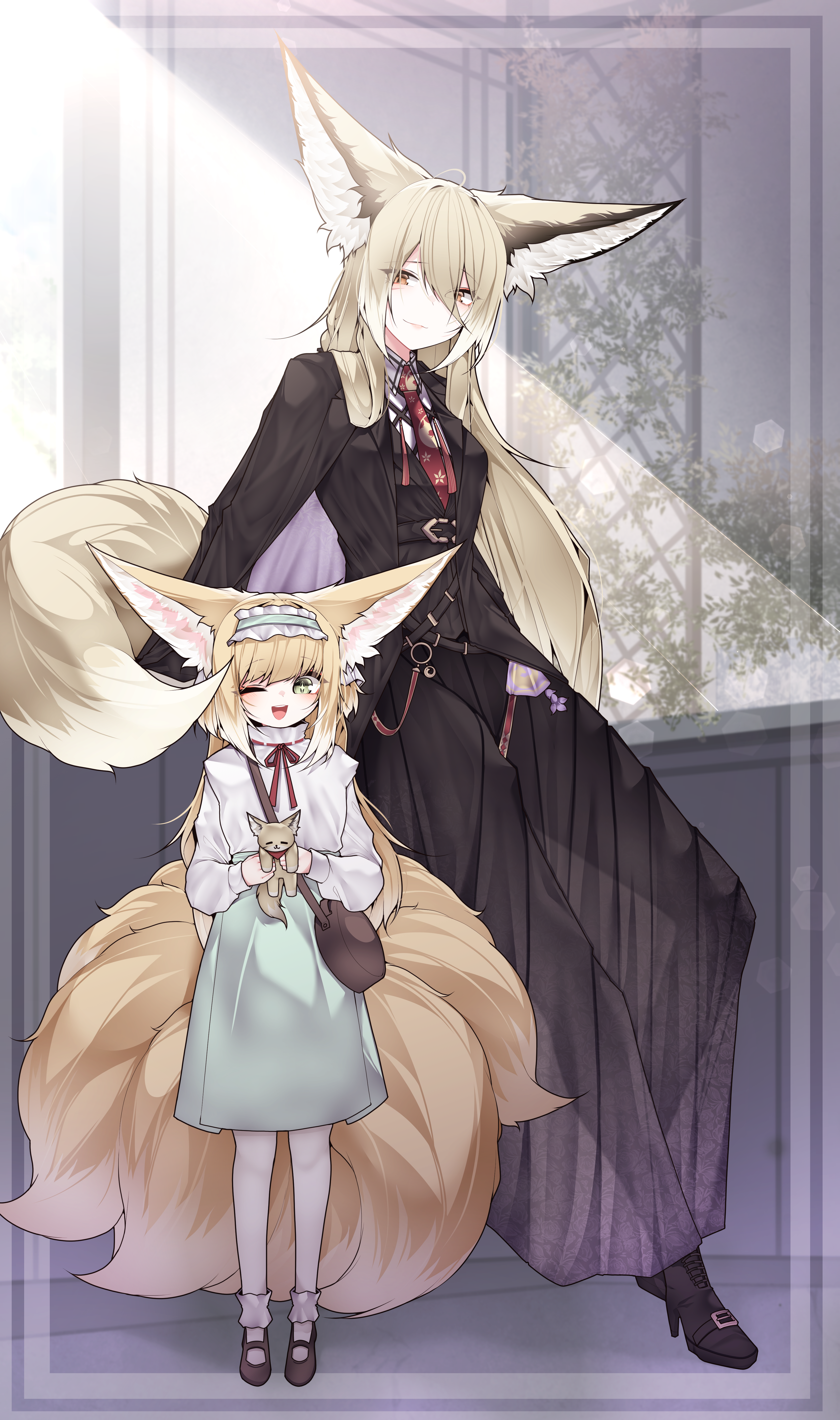 samip, suzuran (arknights), suzuran (spring praise) (arknights), vulpisfoglia (arknights), arknights, absurdres, commentary, highres, + +, 2girls, :d, animal ears, bag, black jacket, black skirt, black vest, blonde hair, bobby socks, brown bag, brown shoes, closed mouth, collared shirt, dated commentary, fox ears, fox girl, fox tail, frilled hairband, frills, full body, green eyes, green hairband, green skirt, hairband, holding, holding stuffed toy, jacket, kitsune, kyuubi, long hair, long sleeves, mary janes, mother and daughter, multiple girls, multiple tails, neck ribbon, necktie, official alternate costume, one eye closed, open mouth, orange eyes, puffy long sleeves, puffy sleeves, red necktie, red ribbon, ribbon, shirt, shoes, shoulder bag, skirt, smile, socks, stuffed fox, stuffed toy, tail, teeth, upper teeth only, vest, white shirt