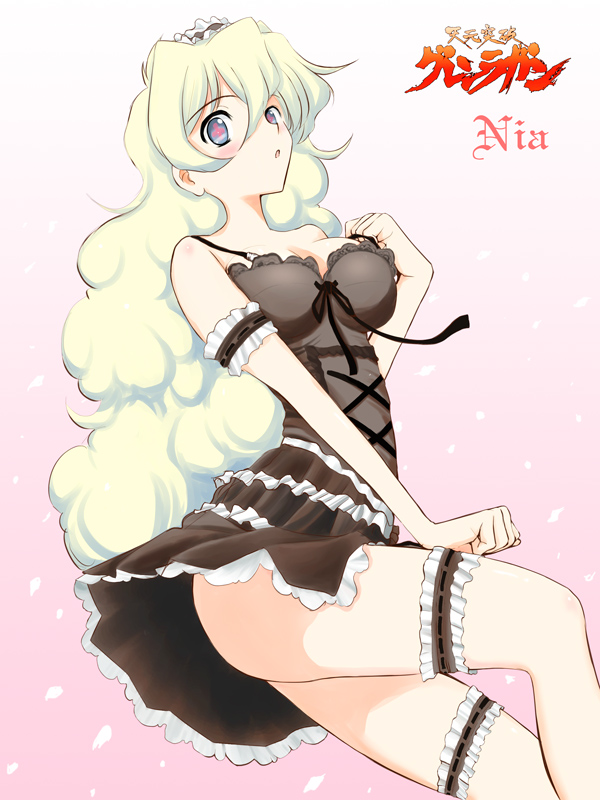 niwatori kokezou, nia teppelin, tengen toppa gurren lagann, 00s, 1girl, blue eyes, blue hair, blush, bow, breasts, cleavage, female focus, frilled thigh strap, frills, gradient background, lingerie, long hair, matching hair/eyes, ribbon, solo, thigh strap, underwear, upskirt