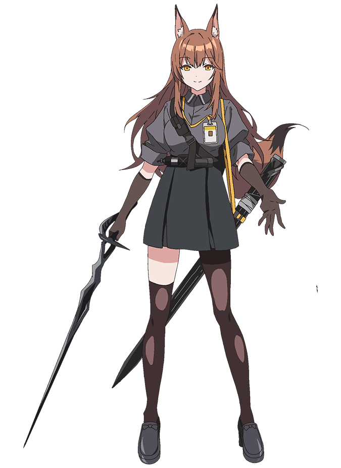 takafuji aya, franka (arknights), arknights, official art, 1girl, animal ear fluff, animal ears, anime coloring, black skirt, breasts, brown eyes, brown gloves, brown hair, brown tail, closed mouth, collared shirt, elbow gloves, fox ears, fox girl, fox tail, full body, gloves, grey shirt, grey shoes, holding, holding sword, holding weapon, large breasts, loafers, long hair, looking at viewer, open hand, pleated skirt, puffy short sleeves, puffy sleeves, scabbard, sheath, shirt, shoes, short sleeves, sidelocks, simple background, single leg pantyhose, single thighhigh, skirt, smile, solo, standing, sword, tail, tented shirt, thighhighs, transparent background, weapon