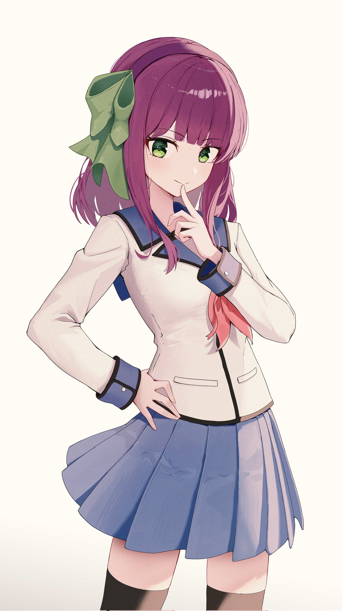 nakamura yuri, angel beats!, corrupted twitter file, hashtag-only commentary, highres, 1girl, black thighhighs, blue skirt, blush, bow, closed mouth, cowboy shot, dududuing, eyelashes, film grain, finger to mouth, green bow, green eyes, hair bow, hairband, hand on own hip, hand up, index finger raised, long sleeves, looking at viewer, medium hair, miniskirt, neckerchief, pink neckerchief, pleated skirt, purple hair, purple hairband, shirt, sidelighting, sidelocks, simple background, skirt, smile, solo, split mouth, straight hair, thighhighs, white background, white shirt, zettai ryouiki