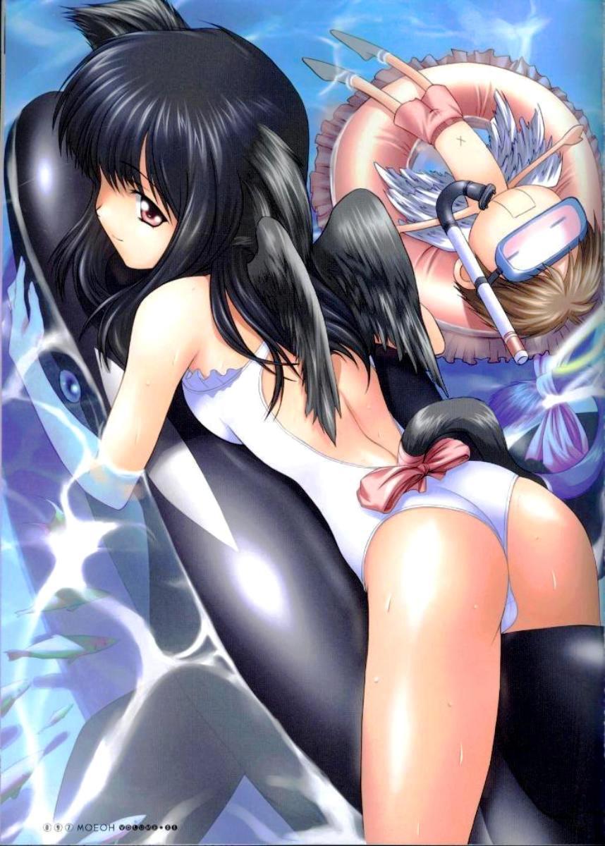 dengeki moeoh, artist request, character request, highres, scan, 1boy, 1girl, afloat, angel, animal ears, ass, beach, black hair, bow, brown hair, casual one-piece swimsuit, chibi, closed eyes, diving mask, fish, flat chest, frilled one-piece swimsuit, frills, goggles, inflatable orca, inflatable toy, inflatable whale, innertube, looking back, male swimwear, one-piece swimsuit, outdoors, pink eyes, red eyes, red male swimwear, red swim trunks, ribbon, riding, snorkel, swim ring, swim trunks, swimsuit, tail, water, wet, wings