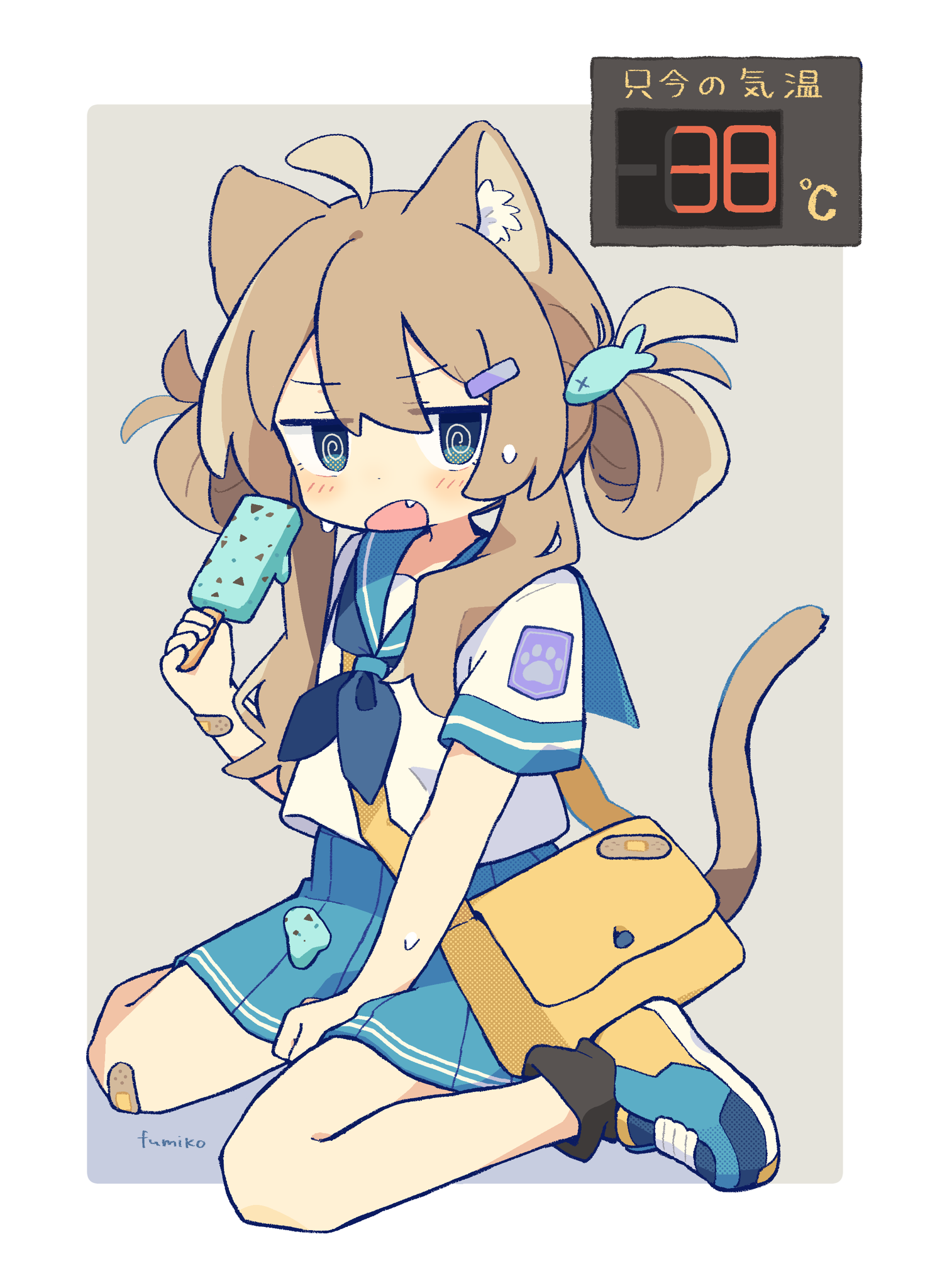 fumiko (rubra plumeria), original, commentary, highres, translation request, 1girl, @ @, ahoge, animal ear fluff, animal ears, bag, bandaid, bandaid on knee, bandaid on leg, black socks, blue eyes, blue neckerchief, blue sailor collar, blue shoes, blue skirt, blush, border, brown hair, cat ears, cat girl, cat tail, double-parted bangs, fang, food, full body, grey background, holding, holding food, holding popsicle, long hair, looking at viewer, neckerchief, open mouth, outside border, pleated skirt, popsicle, sailor collar, school bag, school uniform, seiza, serafuku, shirt, shoes, short sleeves, signature, simple background, sitting, skirt, socks, solo, sweat, tail, temperature, white border, white shirt