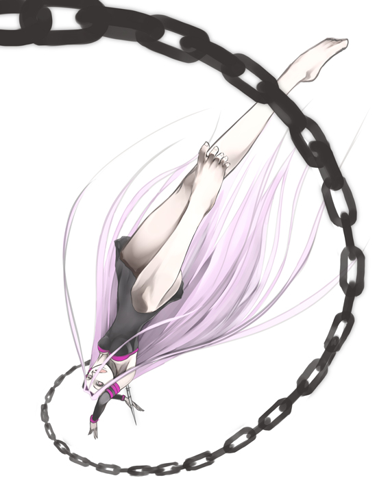 yama, medusa (fate), medusa (rider) (fate), fate/stay night, fate (series), 00s, 1girl, barefoot, chain, dress, feet, female focus, long hair, pink hair, simple background, solo, very long hair