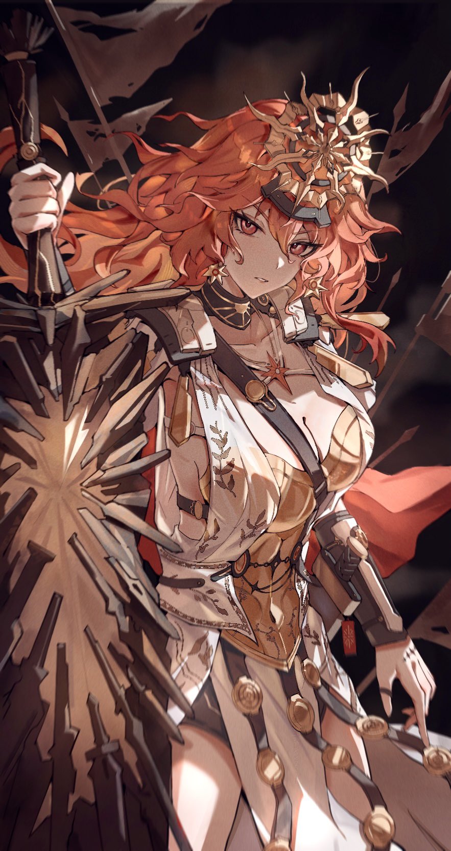 drone (drone 37), augusta (wuthering waves), wuthering waves, bad id, bad twitter id, commentary request, highres, revision, 1girl, ancient greek clothes, arm armor, armor, breastplate, breasts, cleavage, collarbone, cowboy shot, dress, earrings, greatsword, greco-roman clothes, hair between eyes, headgear, holding, holding sword, holding weapon, jewelry, long hair, looking at viewer, medium breasts, necklace, orange hair, parted lips, red eyes, solo, sun earrings, sword, weapon, white dress