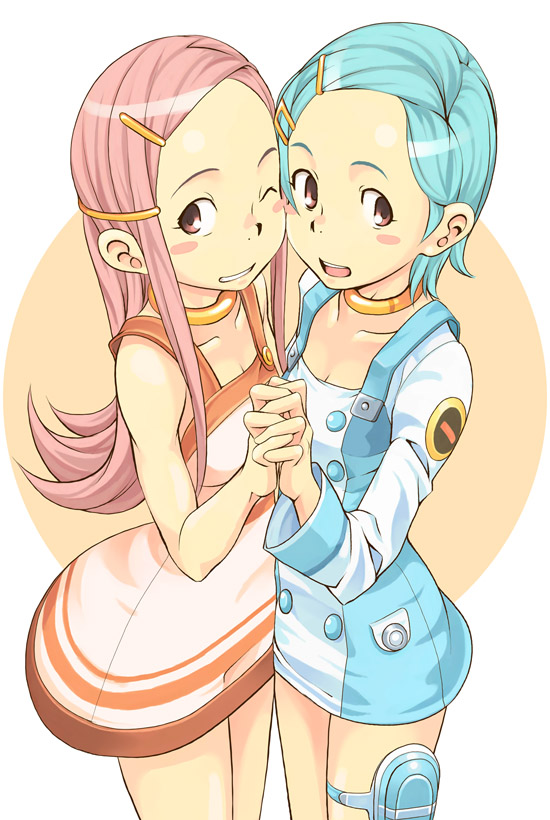 mannen hitsu, anemone (eureka seven), eureka (eureka seven), eureka seven, eureka seven (series), 00s, 2girls, blue hair, breast press, breasts, multiple girls, one eye closed, pink hair, small breasts, symmetrical docking, thigh strap, wink, yuri
