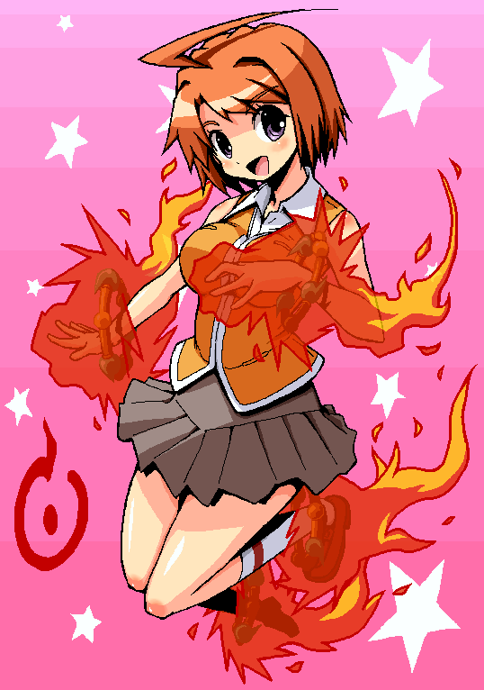 shirono, tokiha mai, my-hime, 00s, 1girl, ahoge, female focus, fire, orange shirt, school uniform, serafuku, shirt, shiruno, skirt, socks, solo