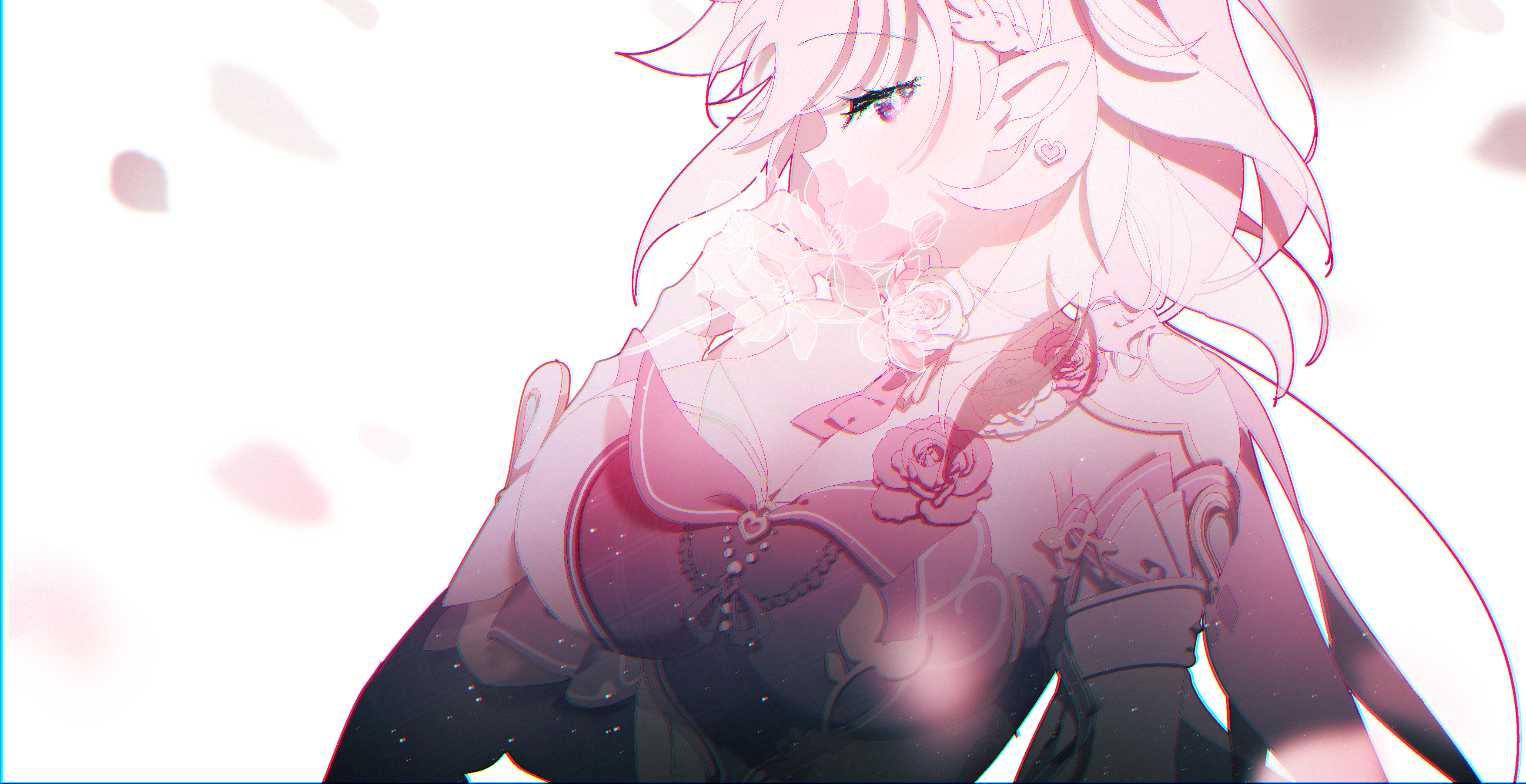 esther 412, elysia (honkai impact), honkai (series), honkai impact 3rd, absurdres, highres, 1girl, breasts, cleavage, diamond-shaped pupils, diamond (shape), dress, earrings, elf, falling petals, flower, heart, heart earrings, holding, holding flower, jewelry, large breasts, long hair, petals, pink hair, pointy ears, purple hair, red dress, solo, symbol-shaped pupils, upper body, very long hair