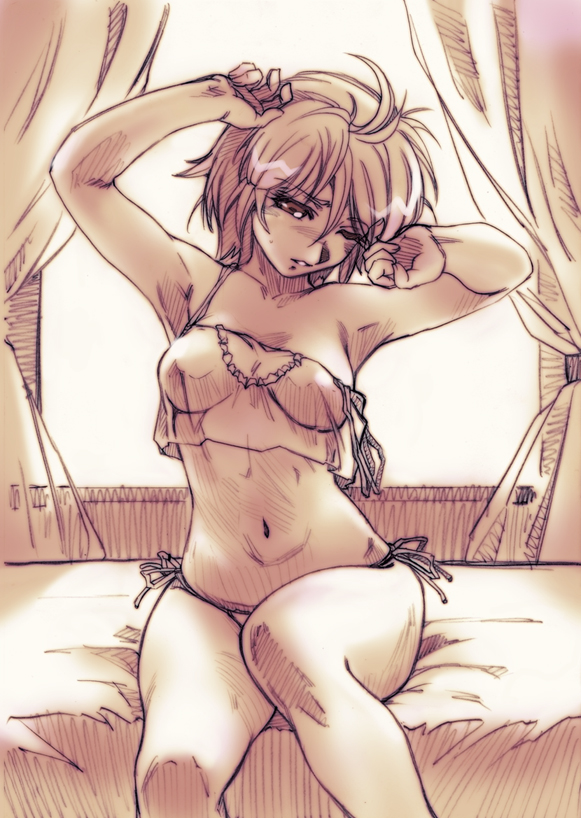 hisahiko, shouko azuma, original, super robot wars, super robot wars original generation, super robot wars original generation gaiden, 1girl, armpits, breasts, camisole, female focus, lingerie, monochrome, panties, short hair, side-tie panties, sitting, sleepy, solo, stretching, underwear, underwear only
