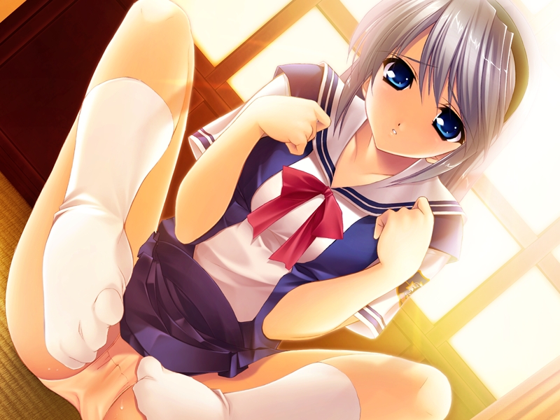 fumio (ura fmo), sakagami tomoyo, clannad, tomoyo after, silver hair, game cg, 00s, 1girl, blue eyes, bow, clothes lift, dutch angle, feet, female focus, hairband, headband, lingerie, long legs, panties, pantyshot, pink panties, purple hair, school uniform, serafuku, sitting, skirt, skirt lift, socks, solo, spread legs, toe scrunch, underwear