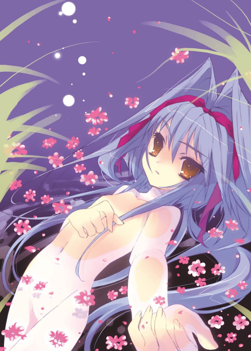 tagme, blue hair, flower, long hair, nude, orange eyes, ribbon, solo