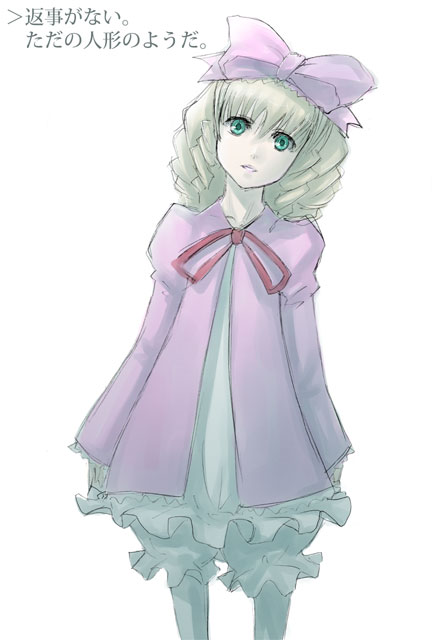 zou azarashi, hinaichigo, hong meiling, rozen maiden, 00s, 1girl, blonde hair, bloomers, blue eyes, bow, dress, expressionless, female focus, head tilt, long sleeves, looking at viewer, pink bow, pink dress, red ribbon, ribbon, simple background, solo, standing, underwear, white background, white bloomers