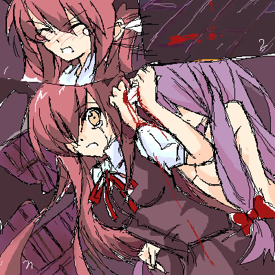 koakuma, patchouli knowledge, embodiment of scarlet devil, touhou, lowres, 2girls, blood, comic, female focus, multiple girls, tears