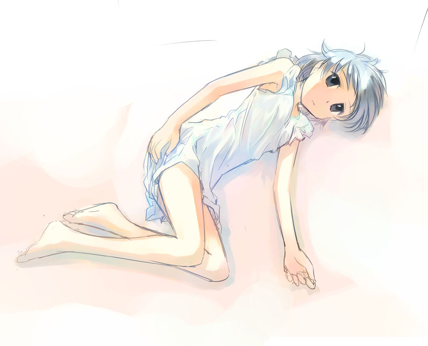 ikeda jun (mizutamari), original, 1girl, arm at side, armpits, bare arms, bare legs, bare shoulders, barefoot, blue eyes, blue hair, closed mouth, dress, expressionless, feet, female focus, full body, looking at viewer, looking up, lying, on side, short hair, sketch, sleeveless, sleeveless dress, soles, solo, toes, white dress