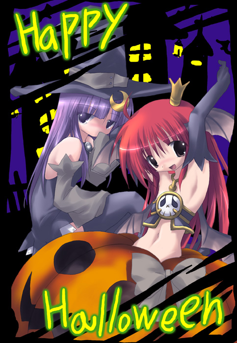 izumi yukiru, koakuma, patchouli knowledge, embodiment of scarlet devil, touhou, black legwear, eyebrows, 2girls, ahoge, alternate costume, arm behind head, armpits, bare shoulders, black dress, blunt bangs, blush, bow, crescent, crescent hair ornament, crown, detached sleeves, dress, elbow gloves, english text, female focus, gloves, hair between eyes, hair ornament, halloween, hand to own mouth, happy halloween, hat, head wings, lantern, long hair, midriff, multiple girls, navel, open mouth, pumpkin, pumpkin costume, purple eyes, purple hair, red hair, smile, thighhighs, window, wings, witch hat