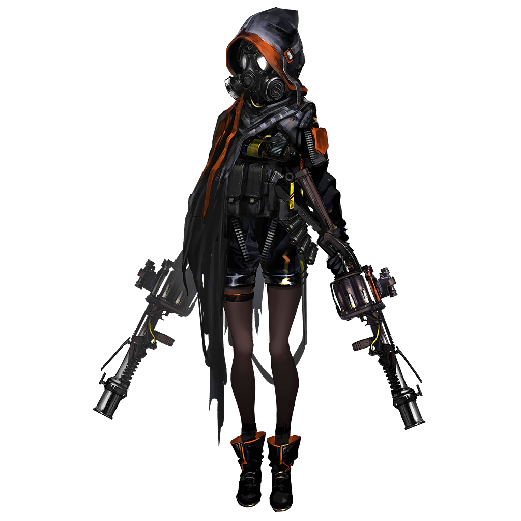 yui (niikyouzou), skullshatterer (arknights), official art, third-party source, 1other, black cape, black pantyhose, black shorts, boots, bulletproof vest, cape, dual wielding, full body, gas mask, grenade launcher, gun, holding, holding gun, holding weapon, hood, hooded cape, mask, pantyhose, shorts, tachi-e, transparent background, weapon