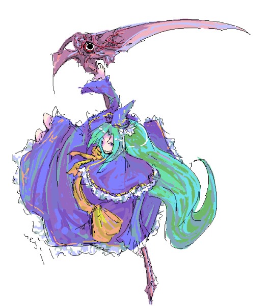 mima (touhou), soul calibur, soul edge, touhou, touhou (pc-98), 1girl, crossover, female focus, green hair, hat, long hair, parody, scythe, smile, solo, soul edge (weapon), wizard hat