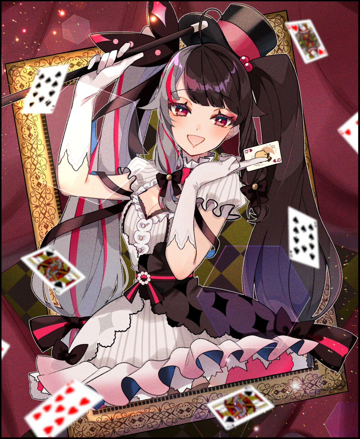 akym, yorumi rena, yorumi rena (1st costume), nijisanji, commentary request, highres, 1girl, :d, belt, black bow, black dress, black hair, black hat, black outline, black ribbon, blurry, blurry foreground, blush, bow, breasts, card, cleavage, cleavage cutout, clothing cutout, cowboy shot, depth of field, dress, eyeshadow, floating card, frilled dress, frills, gloves, grey hair, hair bow, hands up, hat, hat tip, holding, holding card, holding wand, light particles, long hair, long sidelocks, looking at viewer, low-tied sidelocks, magician, makeup, medium breasts, multicolored hair, open mouth, outline, picture frame, pink belt, pink eyeshadow, pink hair, pinstripe dress, pinstripe pattern, playing card, purple eyes, ribbon, short dress, short sleeves, sidelocks, smile, solo, split-color hair, streaked hair, through medium, through painting, top hat, twintails, very long hair, virtual youtuber, wand, white dress, white gloves