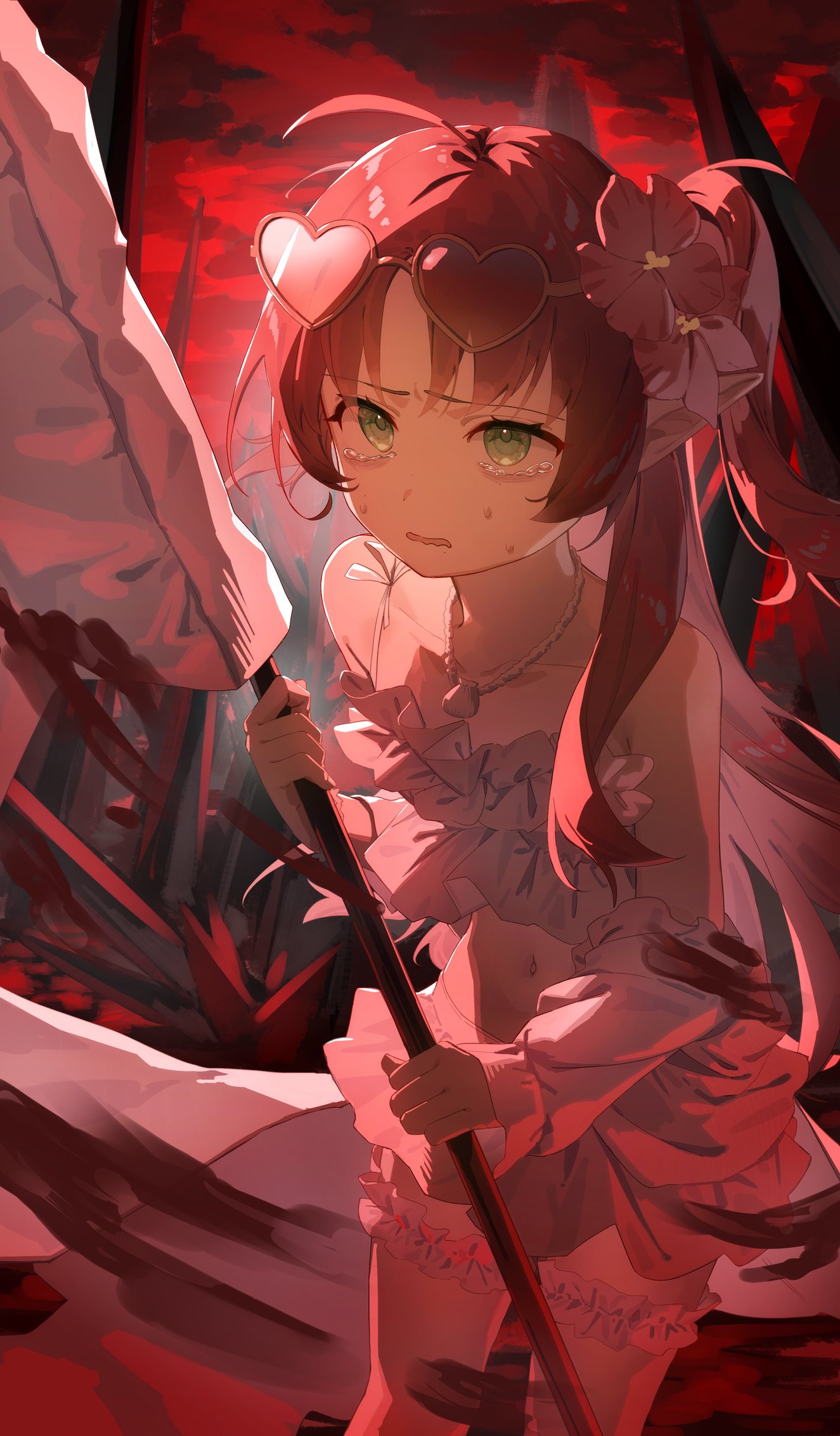 shuan06arrutan, myrtle (arknights), myrtle (summer flowers) (arknights), arknights, highres, 1girl, ahoge, bikini, eyewear on head, flag, flower, frilled bikini, frills, green eyes, hair flower, hair ornament, heart, heart-shaped eyewear, holding, holding flag, jewelry, long hair, looking at viewer, navel, necklace, official alternate costume, pointy ears, red hair, red sky, shell, shell necklace, sky, solo, standard bearer, swimsuit, tearing up, tears, white bikini, white flag