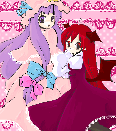 koakuma, patchouli knowledge, embodiment of scarlet devil, touhou, lowres, 2girls, bow, female focus, hat, head wings, mob cap, multiple girls, pink bow, wings