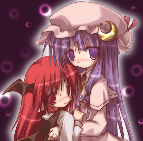 izumi yukiru, koakuma, patchouli knowledge, embodiment of scarlet devil, touhou, lowres, 2girls, blush, cuddling, female focus, full-face blush, head wings, looking at viewer, multiple girls, purple eyes, purple hair, red eyes, red hair, wavy mouth, wings