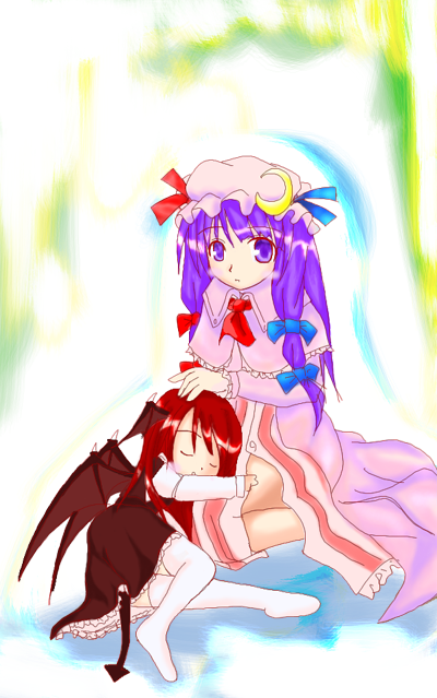 koakuma, patchouli knowledge, embodiment of scarlet devil, touhou, white legwear, 2girls, black skirt, blue ribbon, blush, capelet, crescent, crescent hair ornament, dress, female focus, hair ornament, hair ribbon, hat, head wings, long hair, looking at viewer, mob cap, multiple girls, purple eyes, purple hair, red hair, red ribbon, ribbon, sitting, skirt, sleeping, tail, thighhighs, tress ribbon, white background, wings