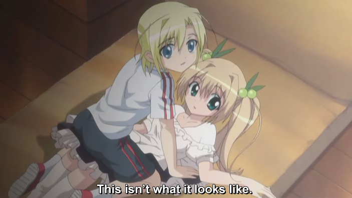 hanazono karin, kujou kazune, kamichama karin, red footwear, third-party edit, 00s, 1boy, 1girl, bed, black shorts, blonde hair, blue eyes, collarbone, dress, green eyes, green ribbon, hair bobbles, hair ornament, hair ribbon, kneeling, long hair, looking at viewer, lying, on bed, ribbon, shirt, shoes, short hair, short sleeves, shorts, socks, subtitled, twintails, white dress, white shirt, white socks