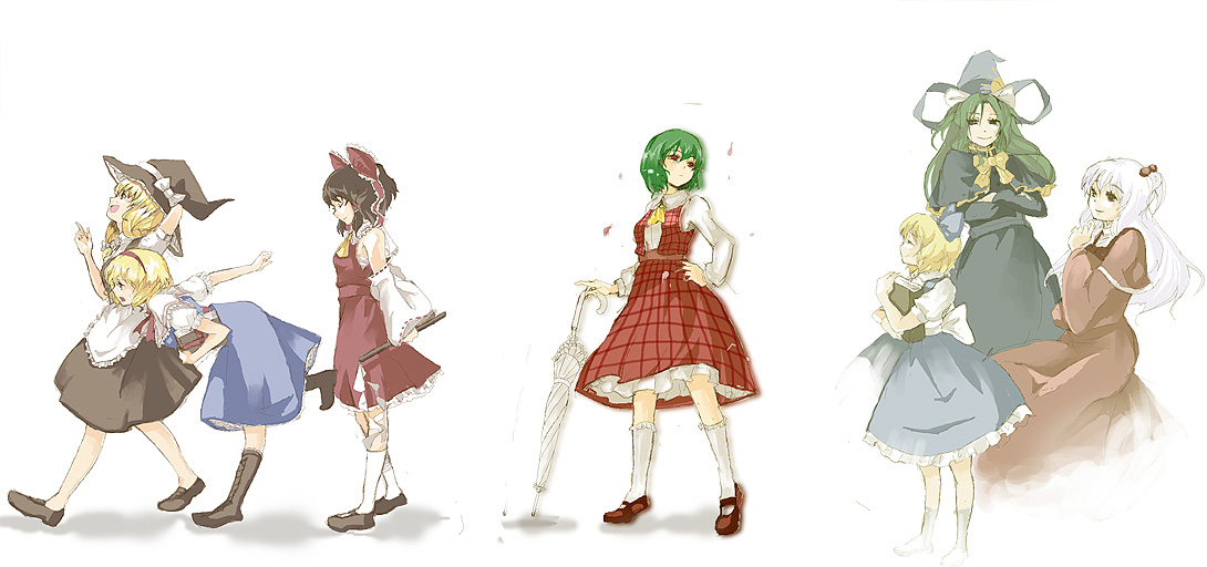cis (carcharias), alice margatroid, alice margatroid (pc-98), hakurei reimu, kazami yuuka, kirisame marisa, mima (touhou), shinki (touhou), mystic square, touhou, touhou (pc-98), 6+girls, ascot, blonde hair, bow, brown hair, child, dress, dual persona, female focus, green eyes, green hair, hat, long hair, looking back, multiple girls, plaid clothes, plaid skirt, plaid vest, red eyes, short hair, skirt, skirt set, smile, vest, walking, witch, witch hat, wizard hat
