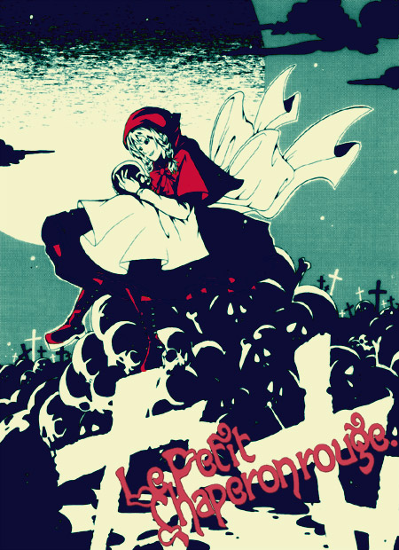 fujiya izuko, little red riding hood (fairy tale character), little red riding hood (fairy tale), bad id, bad pixiv id, 1girl, apron, boots, cape, cross, dress, female focus, graveyard, hood, knight, latin cross, moon, red cape, sitting, skull, solo, tombstone