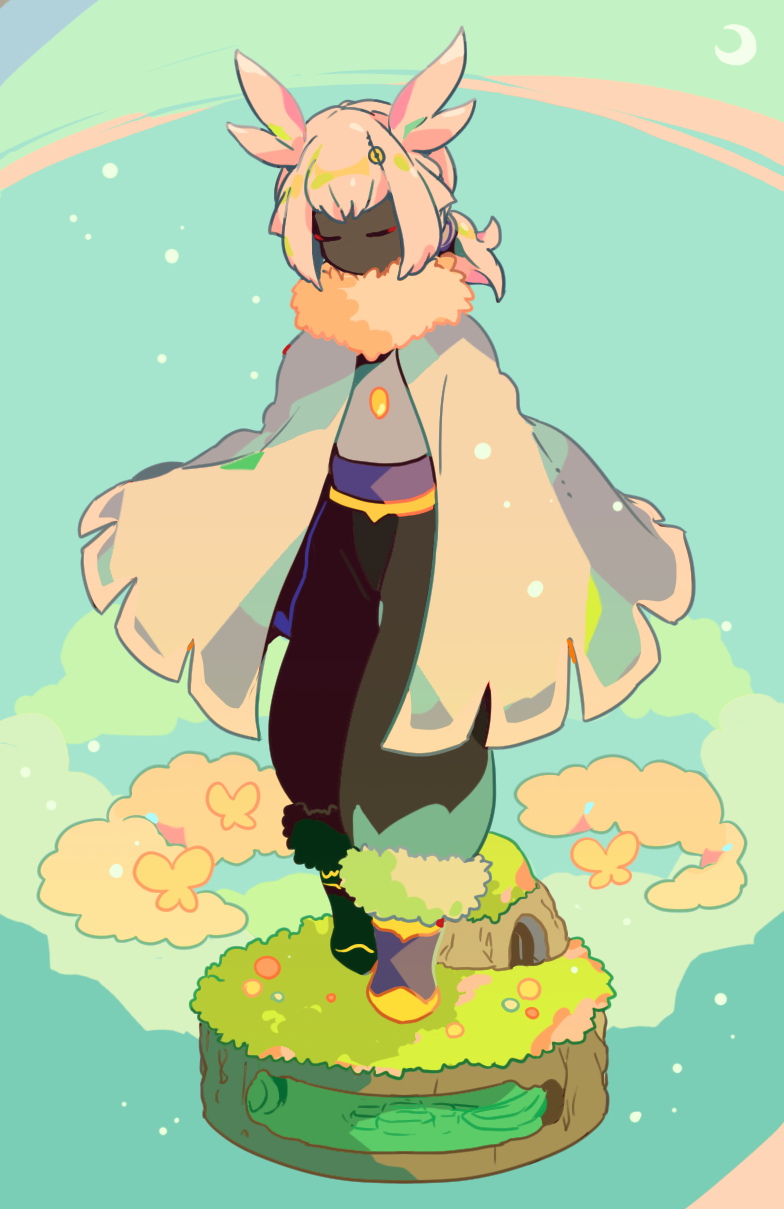 mizuki tsukimori, sky child, sky: children of the light, commentary request, highres, 1girl, blue sky, boots, cape, cave, cloud, dark-skinned female, dark skin, floating island, full body, grey pants, pants, purple boots, purple shirt, shirt, short hair, sky, solo, standing, white cape, white hair