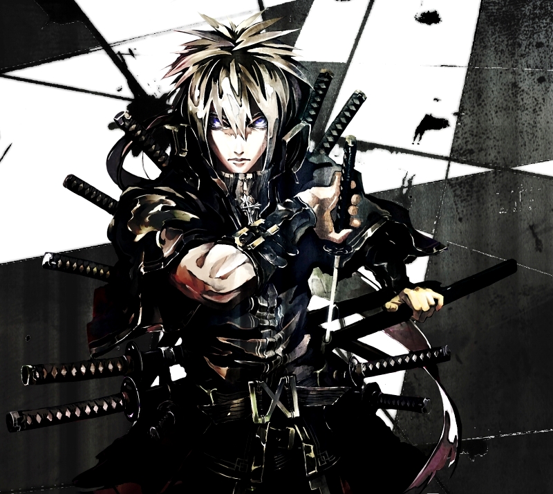 banpai akira, original, 1boy, blonde hair, blue eyes, katana, male focus, solo, sword, weapon, white hair