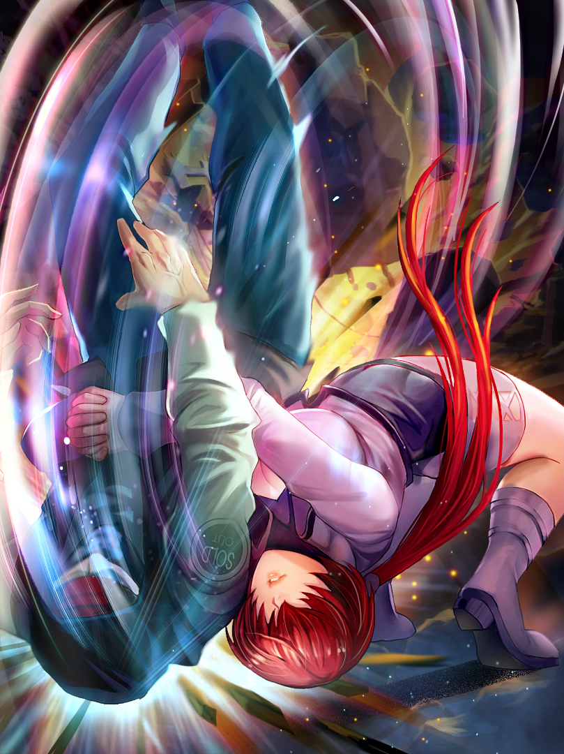 shermie (kof), the king of fighters, the king of fighters all-stars, 1girl, boots, breasts, cleavage, cleavage cutout, clothing cutout, curvy, female focus, fishnets, heel up, high heels, huge breasts, jacket, large breasts, long hair, ponytail, red hair, skirt, thick thighs, thighs, toned, toned female, twintails, wide hips, wrestling