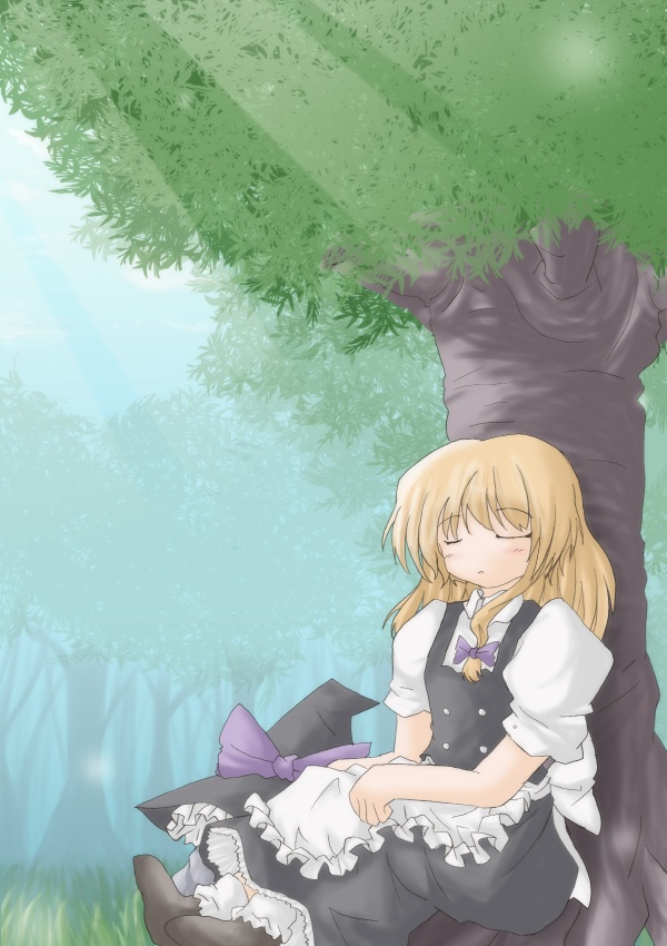 lzh, kirisame marisa, touhou, 1girl, apron, black skirt, blonde hair, closed eyes, day, female focus, forest, hair ribbon, hat, nature, outdoors, puffy short sleeves, puffy sleeves, ribbon, shoes, short sleeves, sitting, skirt, skirt set, sleeping, solo, tree, tress ribbon, unworn hat, unworn headwear, vest, witch hat