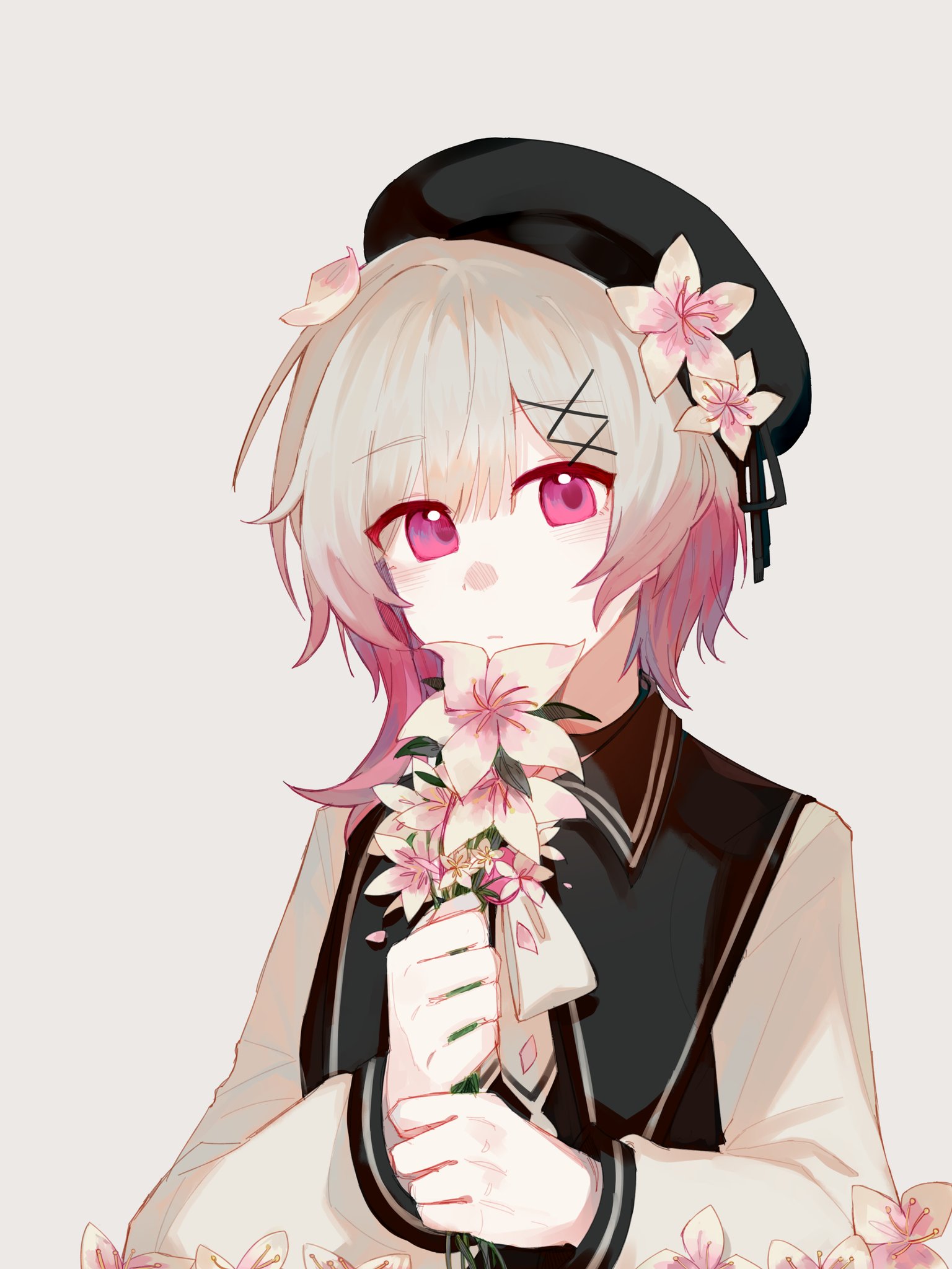 sakuraba ema, mahou shoujo no majo saiban, commentary request, highres, 1girl, beret, black hat, bouquet, closed mouth, flower, gradient hair, grey background, grey hair, hair flower, hair ornament, hat, holding, holding bouquet, long sleeves, looking at viewer, magical girl, multicolored hair, petal on head, pink eyes, pink hair, q (kaeribelost), short hair, simple background, solo, upper body, white flower, x hair ornament