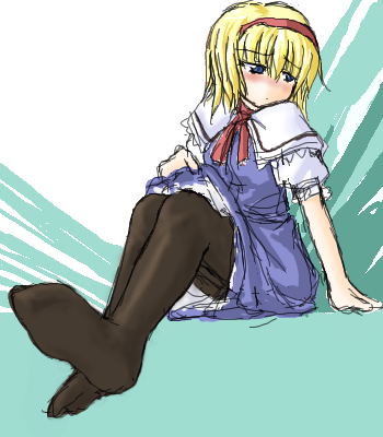 izana minagi, alice margatroid, touhou, lowres, 1girl, blonde hair, blush, capelet, clothes lift, dress, dress lift, feet, female focus, hairband, pantyhose, short hair, solo, thighhighs