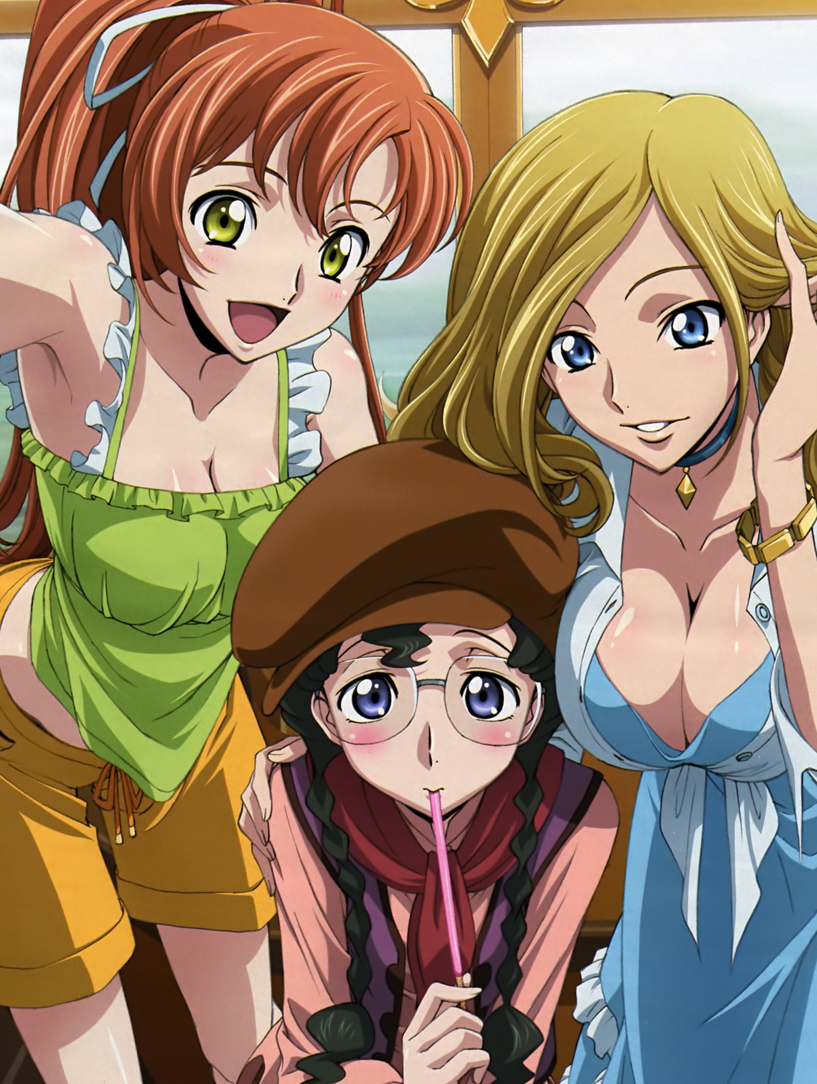 milly ashford, nina einstein, shirley fenette, code geass, highres, non-web source, official art, 00s, 3girls, armpits, black hair, blonde hair, blue eyes, blush, bracelet, braid, breasts, brown hair, camisole, choker, cleavage, dress, glasses, green eyes, hair ribbon, hat, huge breasts, jewelry, large breasts, leaning forward, long hair, midriff, mouth hold, multiple girls, open clothes, open mouth, open shirt, ponytail, ribbon, shirt, shorts, twin braids
